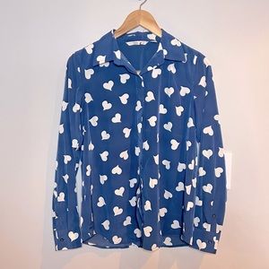 LAUREN CONRAD | navy blue heart print long sleeve button down shirt